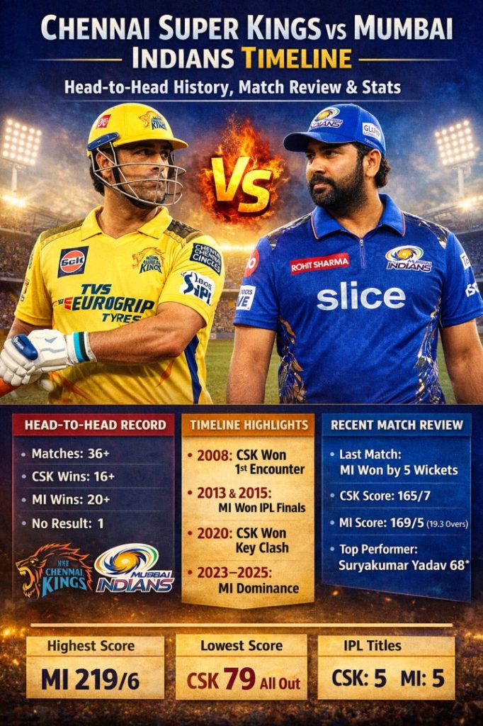 chennai super kings vs mumbai indians timeline head to head history, match review & stats